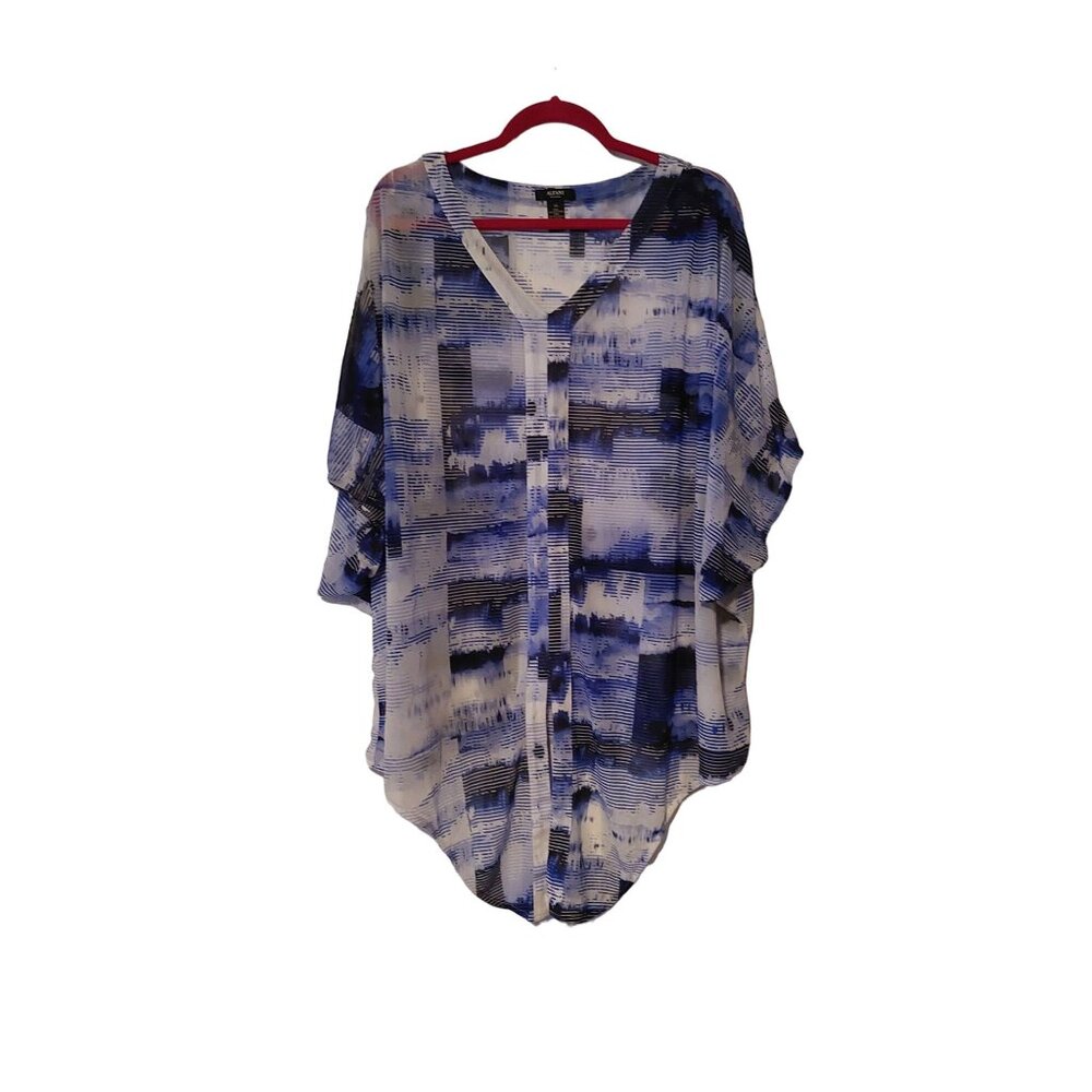 Alfani Woman 3X Blue & White Abstract Print Sheer Blouse Top